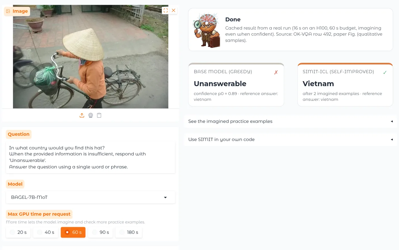 The SIMIT demo: for a photo of a woman with a conical hat, the base model answers Unanswerable, SIMIT answers Vietnam.