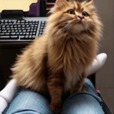 Imagined image: a fluffy brown cat sitting on a person's lap in front of a keyboard.